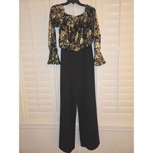Adrianna Papell Black Gold Lace Wide Leg Jumpsuit Formal Event Pantsuit Size 10